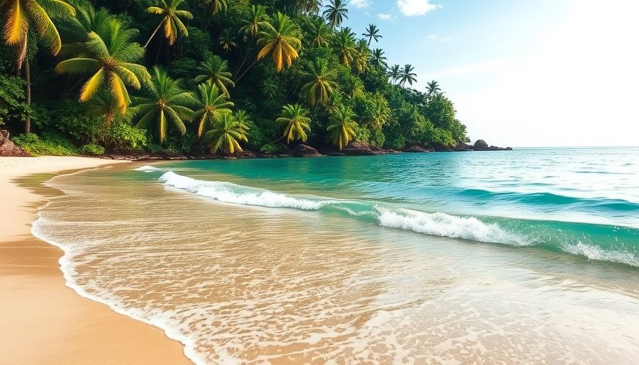 Sulawesi tropical beach with lush green jungle and turquoise water.