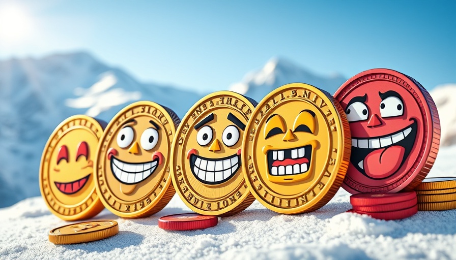 Colorful meme coins to buy now against snowy mountains background.