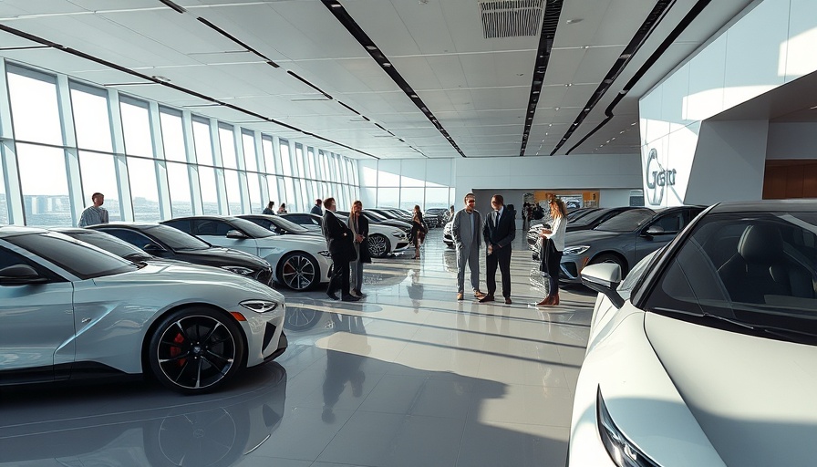Uber investment in Lucid robotaxis: Modern showroom with people viewing cars.