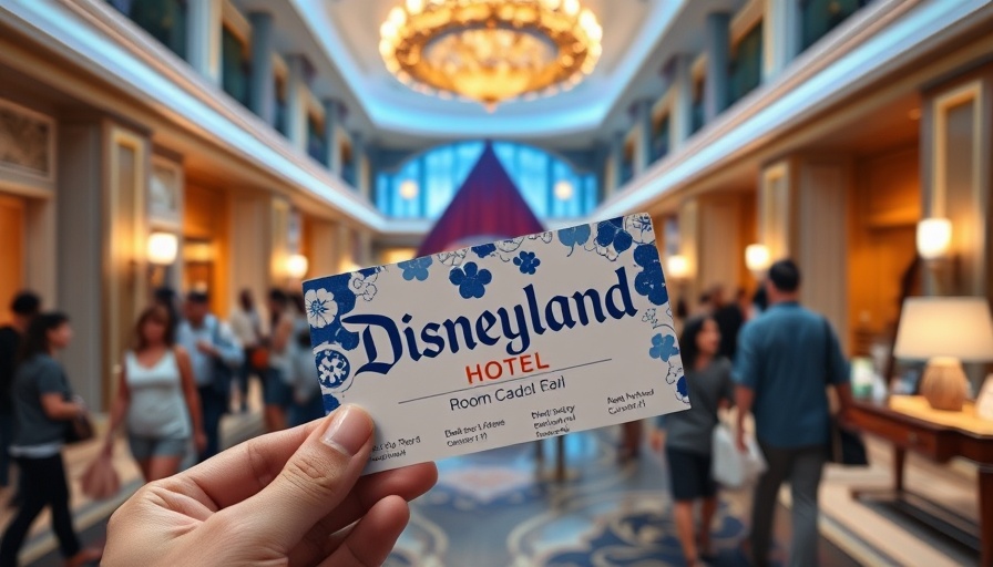 Colorful key card held in Disneyland Hotel lobby, Hotels Near Disneyland.