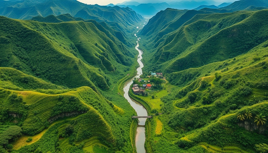 Aerial view of Indonesian canyon landscape with river and greenery.