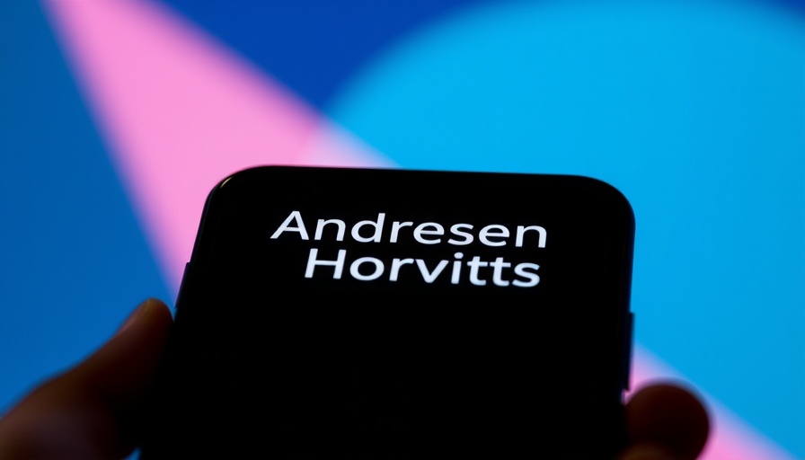 Smartphone displaying Andreessen Horowitz logo in a modern backdrop.