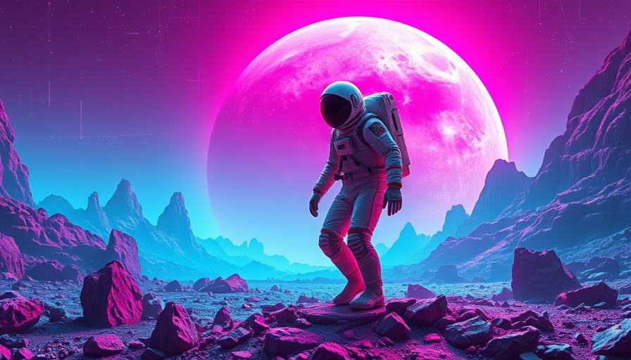 Astronaut exploring neon-themed alien landscape for Avalanche vs Polkadot cryptocurrency.