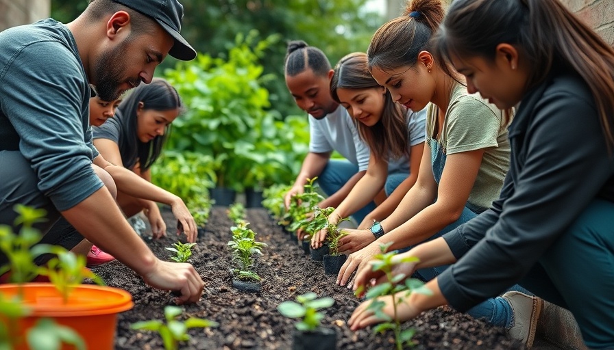 Group planting Sampaguita seedlings, teamwork in urban garden, vibrant daylight.