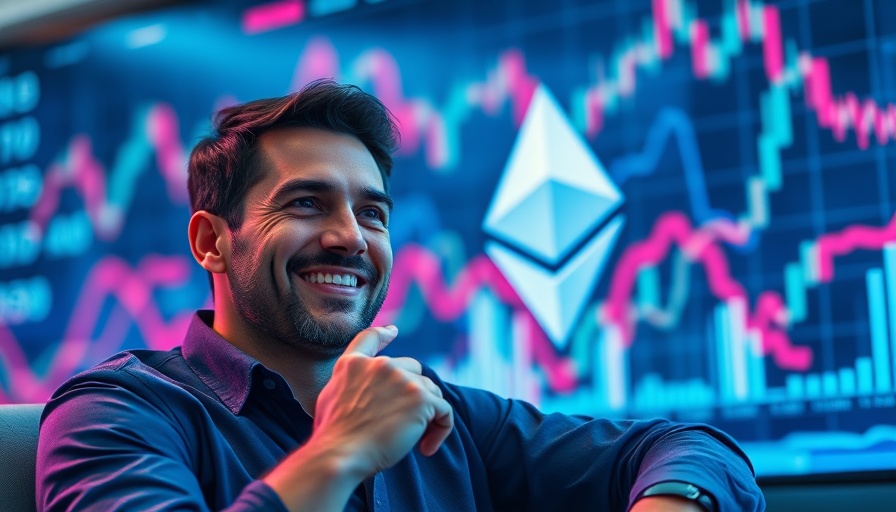 Smiling man with Ethereum symbol and digital stock charts backdrop.