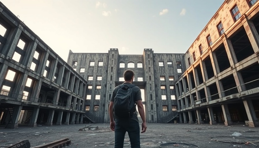 Urban explorer with backpack in front of abandoned building, survival gear