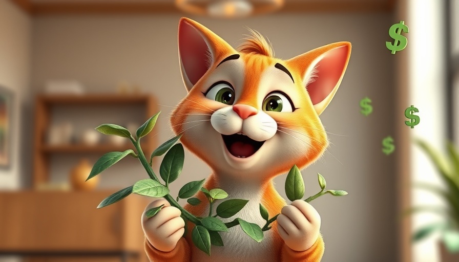Playful cartoon cat promoting meme coins investment opportunities.