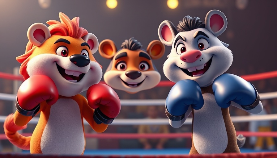 Cartoon animals boxing for meme coins investment with July text.