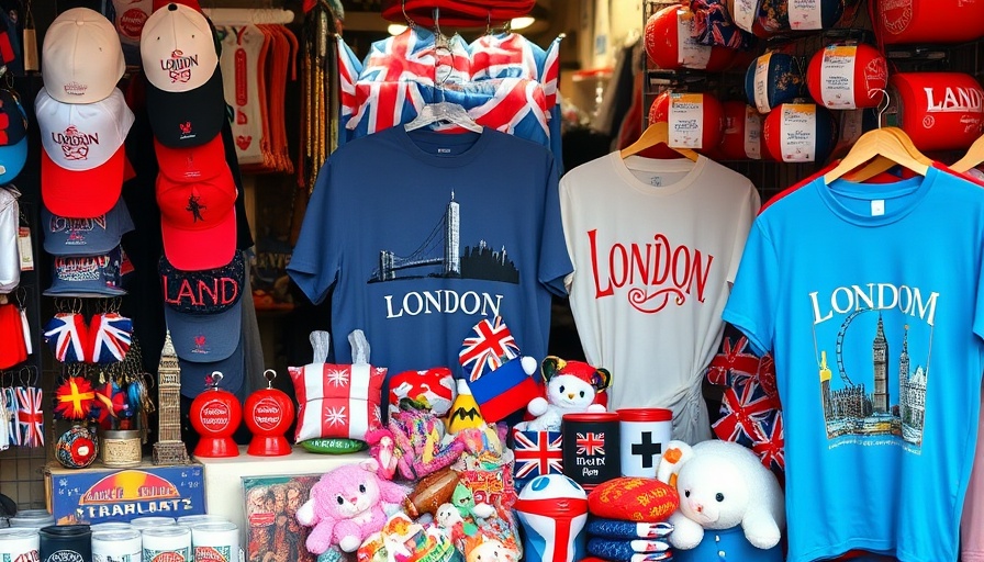 Vibrant London travel souvenirs display with screen-printed t-shirts.