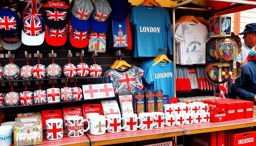 Colorful London souvenirs display at outdoor market.