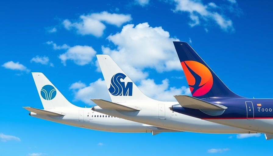 Airplane tails from different airlines, vibrant sky background.