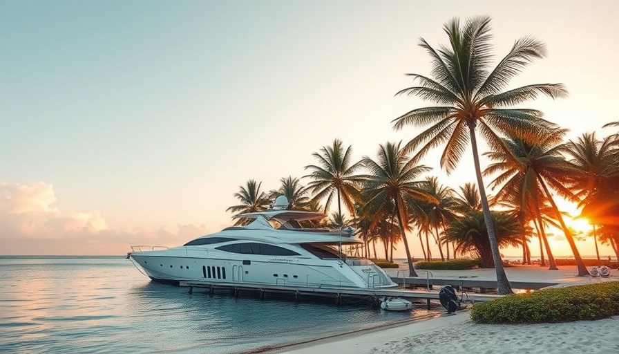 Luxury yacht at tropical resort docking area with sunset view and palm trees.