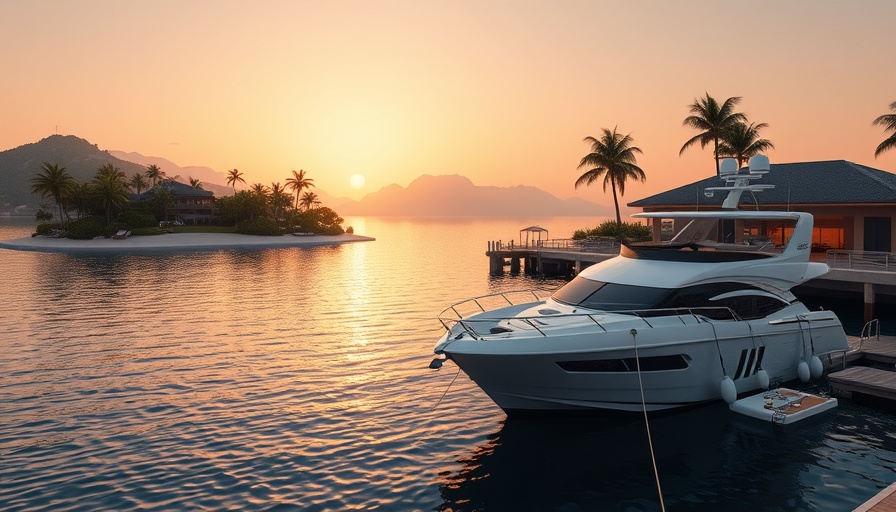 Tranquil seaside resort with docked yacht at sunset, tropical paradise.