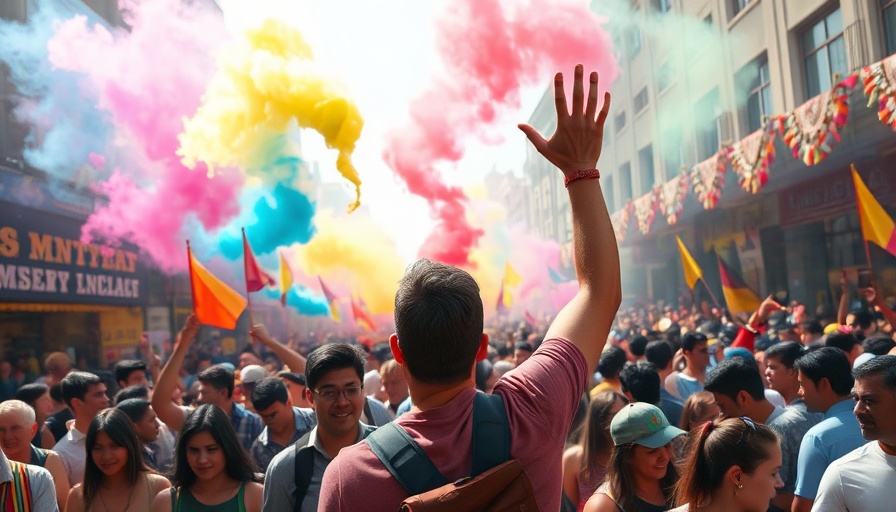Crowd celebrating at Regada Water Festival 2025 with colorful smoke.