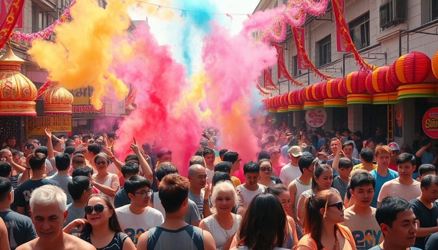 Lively crowd at Regada Water Festival 2025 with colorful mist.