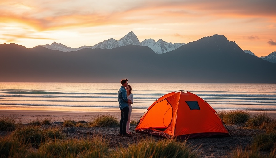 Romantic camping trip by the beach at sunset.