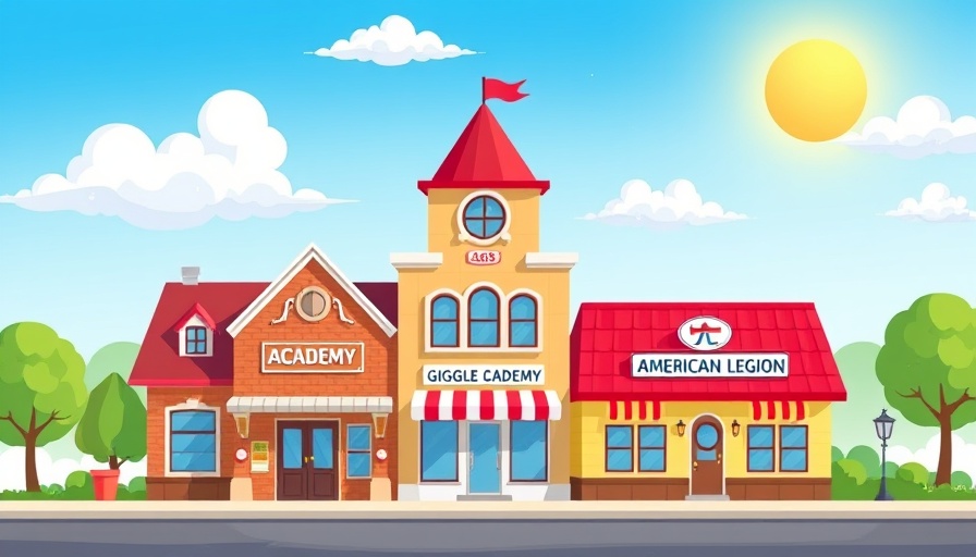 Cartoon Giggle Academy and American Legion buildings on a sunny day