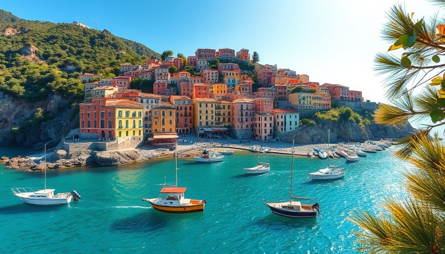 Amalfi Coast summer landscape with colorful buildings and boats.
