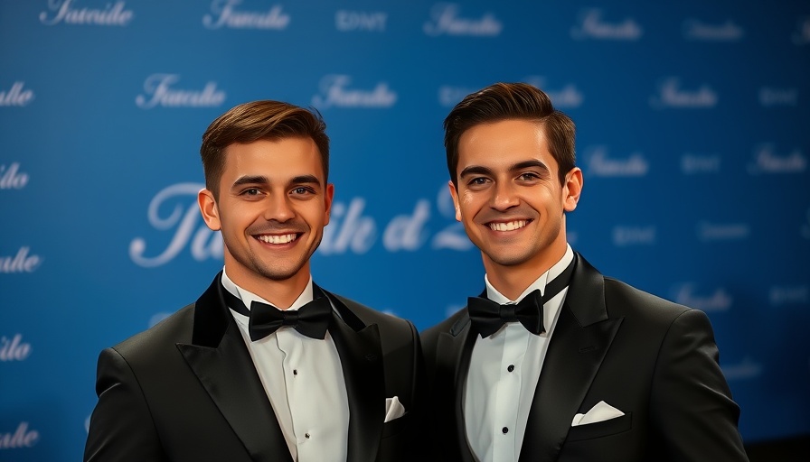 Twin brothers in formal tuxedos at blue backdrop event.