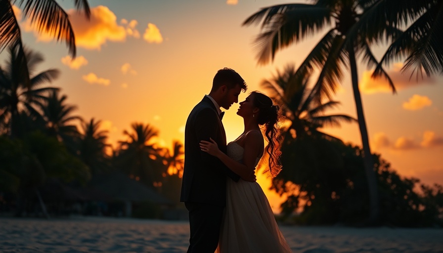 Parents on honeymoon embracing at sunset on tropical beach.
