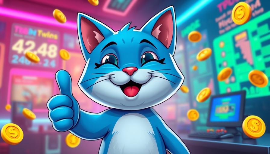 Troller Cat promoting 100x crypto investment with digital coins.