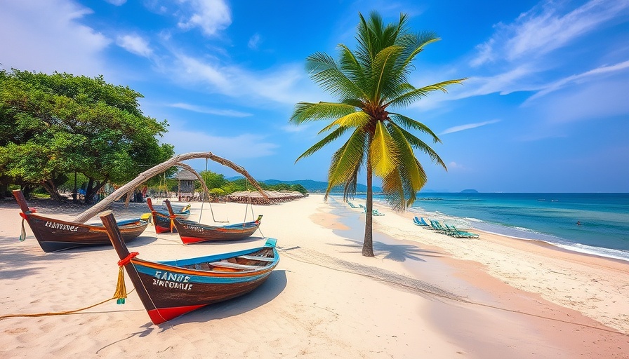 Scenic Vietnam beach destinations with boats, palm trees, and sandy shores.