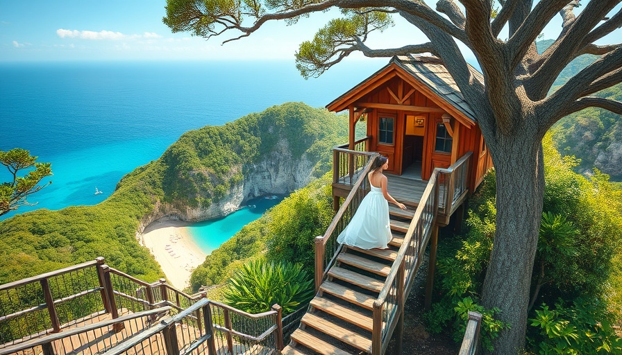 Woman climbing treehouse stairs with ocean cliff view, eco-friendly travel.