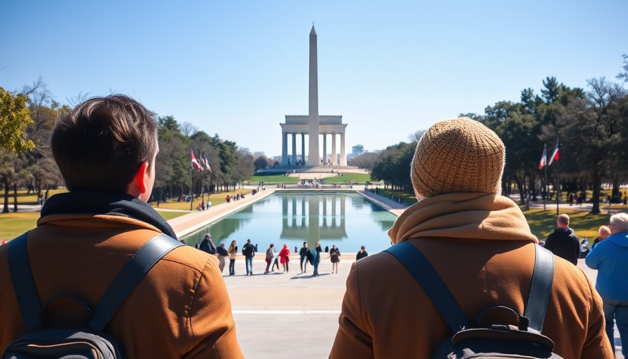 Two people walking towards the Washington Monument at the National Mall, Washington D.C. in daylight.