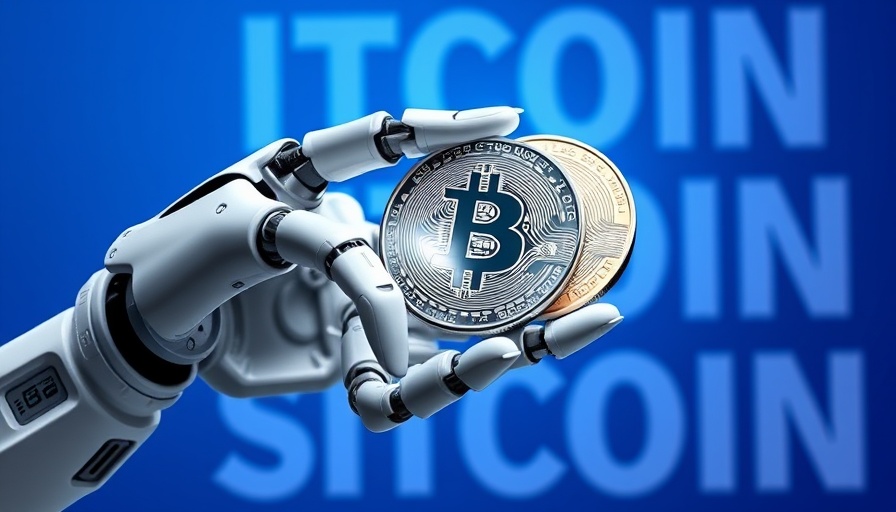 Futuristic robotic hand with Bitcoin coins and text about Automated Market Makers.