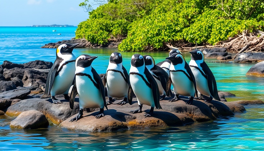 Penguins on rocks in vibrant wildlife travel destination setting.