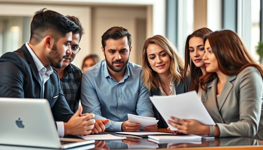 Diverse team discusses labor market trends with laptops, modern office.