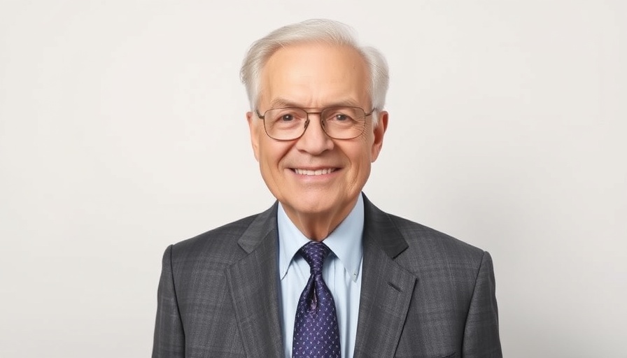 Elderly man smiling confidently in a formal portrait with a gradient background