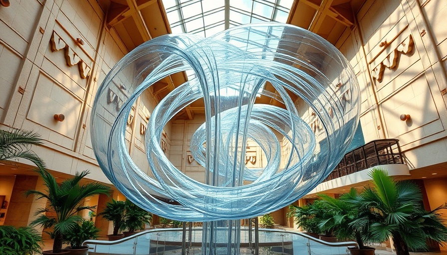 Largest glass tube installation in modern atrium with plants and skylight.