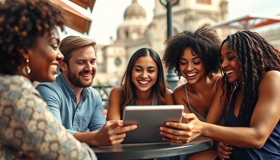 AI in travel: Friends using a tablet at a cafe with historic background.