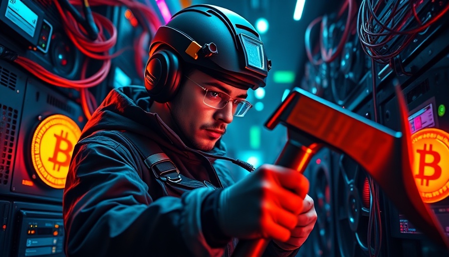 Worker in a futuristic Bitcoin mining facility striking bitcoins.