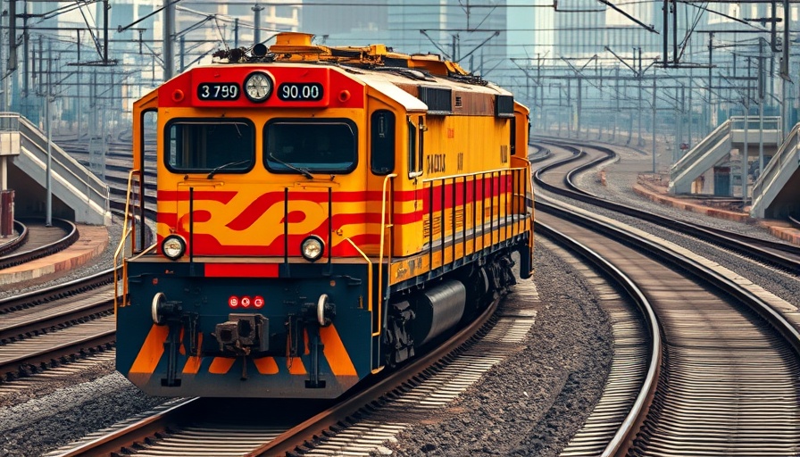 Vivid yellow and red train engine navigating tracks for booking upgrades.