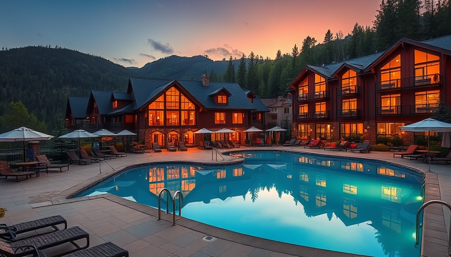 Tenaya Lodge near Yosemite at dusk with pool and forest view