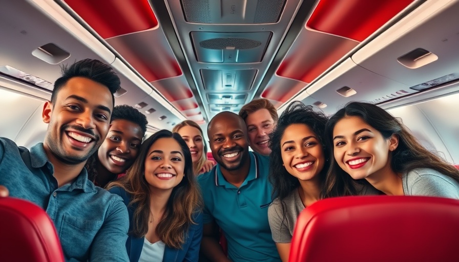 Cheerful group on AirAsia flight, smiling and posing.