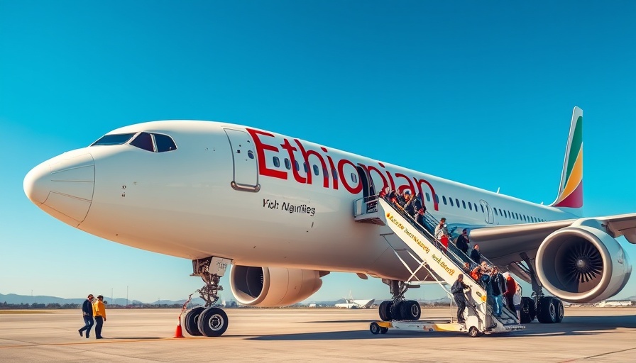 Ethiopian Airlines plane boarding scene under clear sky.