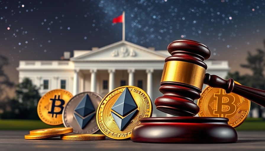 White House order on cryptocurrency regulation with bitcoins and gavel.