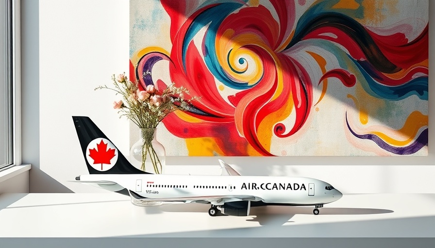 Air Canada model tail with flowers against vibrant art background.