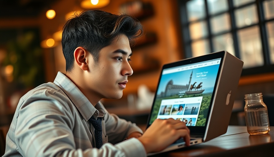 Young man viewing Visit Kuwait tourism portal on laptop in cafe.