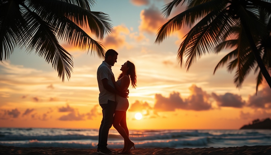 Silhouetted couple under palm trees at sunset on a budget-friendly dream vacation.
