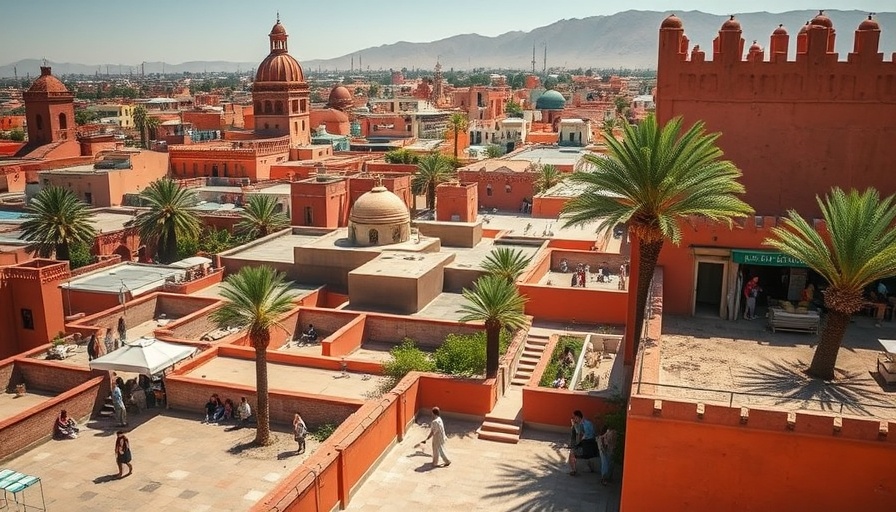 Marrakech historic district rooftop view, traditional architecture and palm trees.