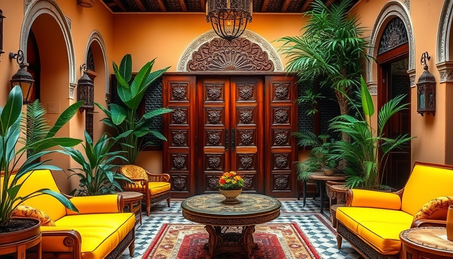 Traditional riad courtyard with yellow seating in Marrakech.