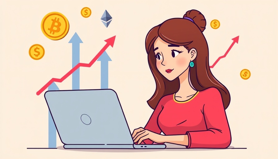 USDC Crypto Payrolls illustration with woman on laptop and crypto symbols.