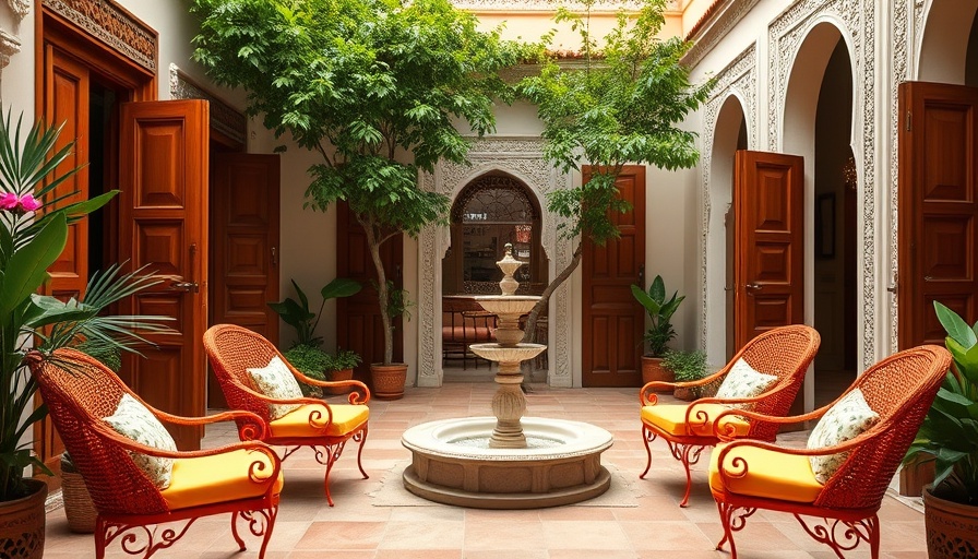 Charming patio in traditional riad hotel Marrakech with orange seating.