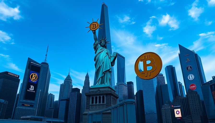 Futuristic America Crypto Capital cityscape with Bitcoin and skyscrapers.