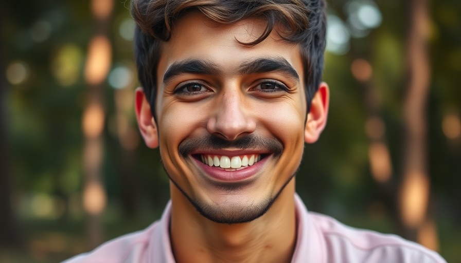 Close-up portrait of a young man with a mustache smiling outdoors.