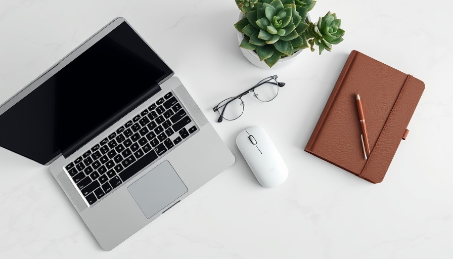 Minimalist office desk with laptop and essentials for business travel tips.